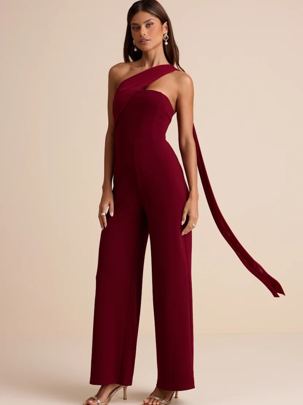 NWT Lulu’s Hexley Burgundy One-Shoulder Sash Scarf Jumpsuit